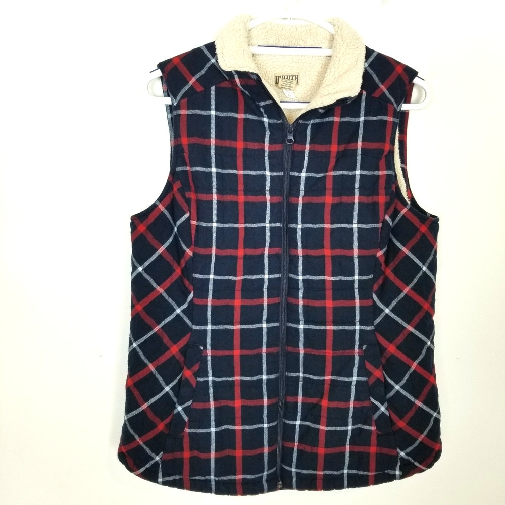 Duluth Trading Co Women's Fleece Lined Plaid Vest Sz Mโ Cotton Zip Up Outdoor